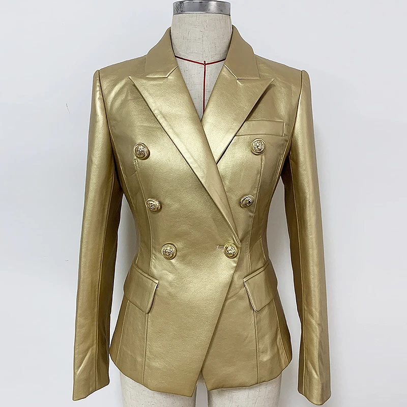 Высокое качество Baroques дизайнерский Блейзер Женский двубортный металлический Лев пуговицы золотой кожаный пиджак блейзер