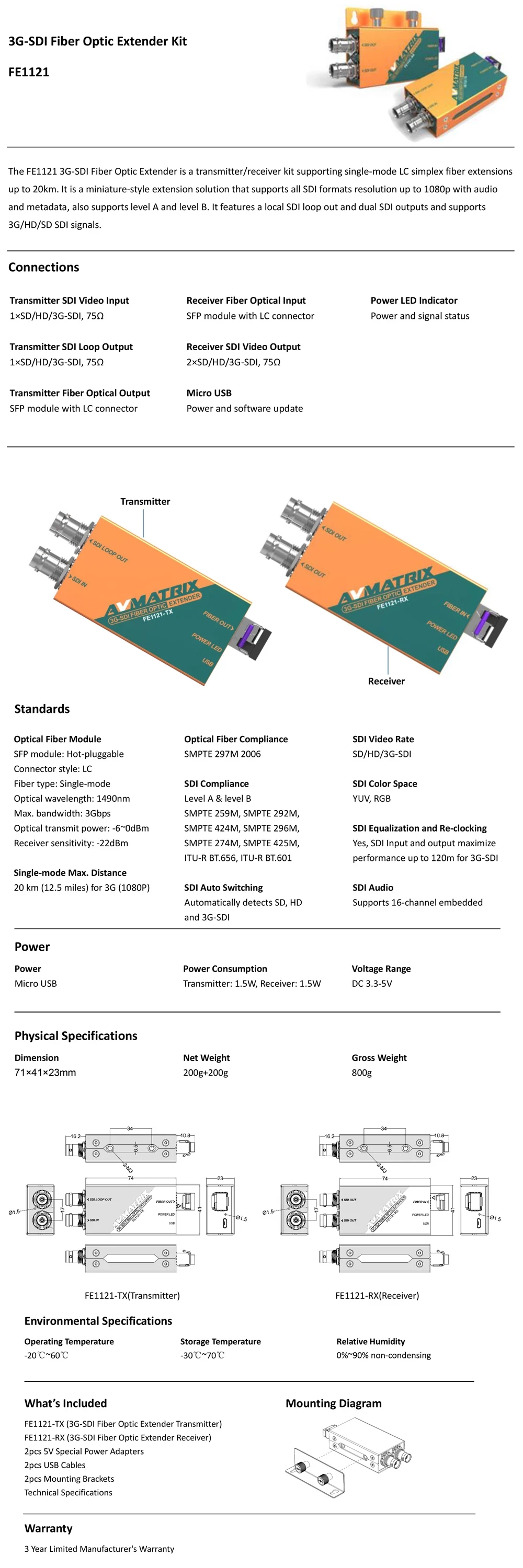 AVMATRIX FE1121 3g-SDI оптоволоконный удлинитель 20 км локальный SDI Loop Out и два выхода SDI и поддерживает сигналы 3g/HD/sd SDI