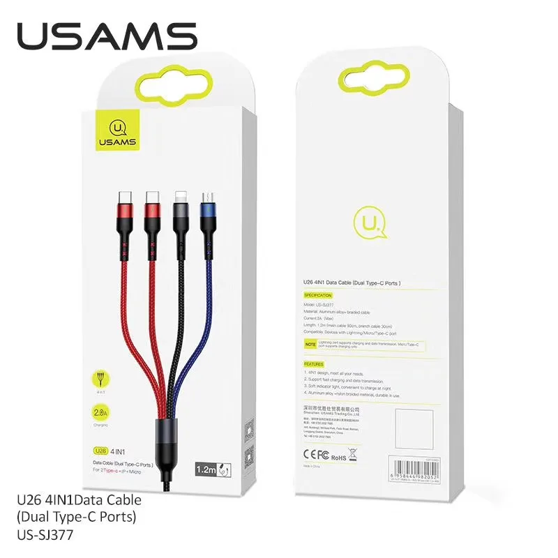 USAMS 4 в 1 мульти usb Кабель зарядного устройства для iPhone xs samsung huawei xiaomi линия зарядки для lightning micro usb type c кабель led