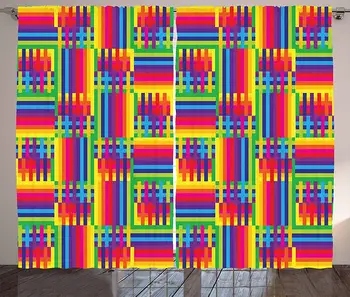 

Vintage Rainbow Curtains Horizontal and Vertical Short Lines Vibrant Colored Mosaic Striped Living Room Bedroom Window Decor