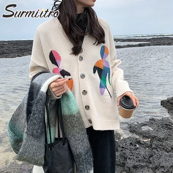 

SURMIITRO Oversized Korean Style Knit Cardigan Women 2020 Autumn Winter Long Sleeve Cardigan Female Sweater Coat White Knitwear
