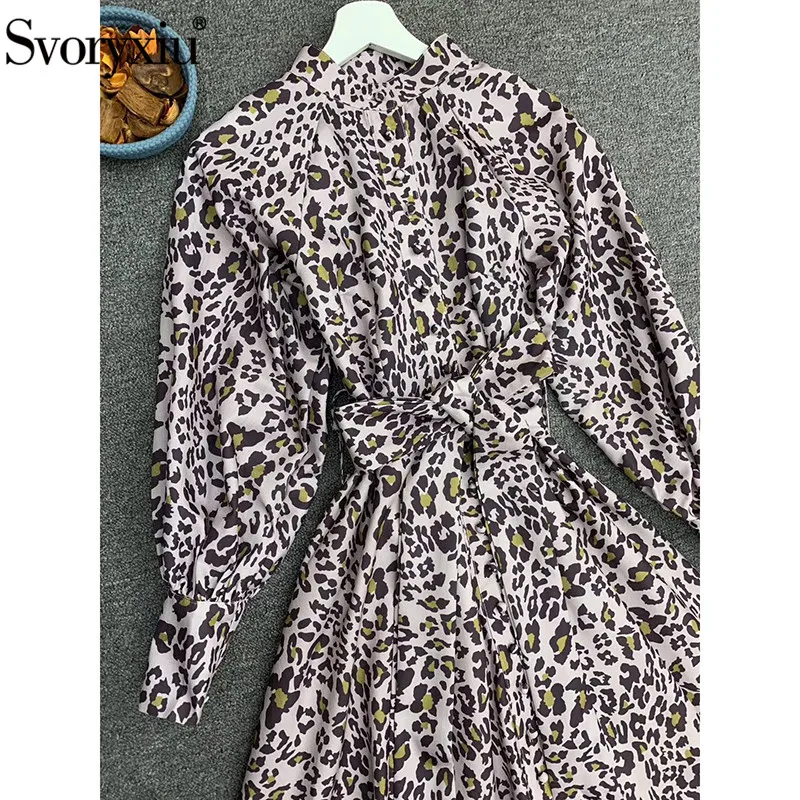 Svoryxiu леопардовые вечерние короткие платья с рукавами-фонариками для женщин, модные платья с воротником-стойкой для подиума, осенние платья трапециевидной формы, новинка