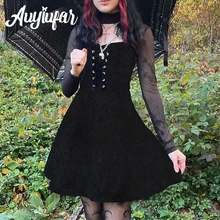 

Auyiufar Gothic Fairy Grunge Solid Sexy Mini Dress Y2k Mesh Patchwork Floral Print Lace Up Hollow Out A Line Dresses Slim Outfit