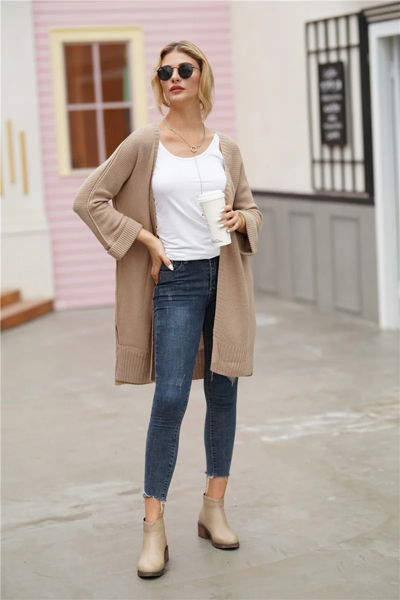Fitshinling Boho длинный кардиган, зимнее пальто, Женский однотонный тонкий вязаный жакет с разрезом по бокам, женский корейский Кардиган, Свитер