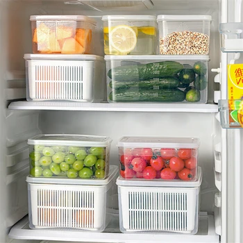 

Refrigerator Fresh-keeping Box Kitchen Organizer Plastic Food Storage Box Drain Basket Large Capacity Sealed Fruit Storage Box