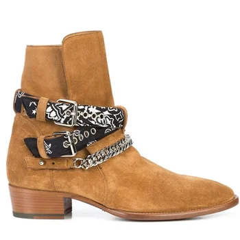 

OMDE New Arrival Suede Men Boots Handmade Pointed Toe Chelsea Boots Fashion Casual Mens Boots With Chains