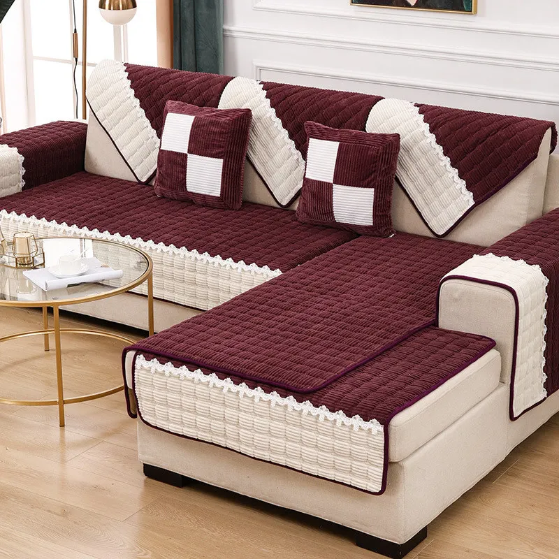 

Thick Soft Plush Sofa Covers Patchwork 1/2/3 Seater Lace Quilted Solid Anti-silp L Shape Couch Cover for Living Room Home Decor