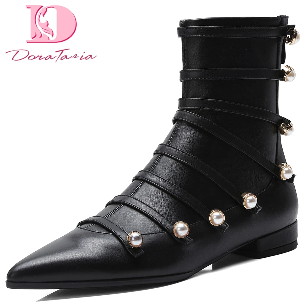 

Doratasia Brand New hot sale 2020 Genuine Cow Leather Pointed Toe Ankle Boots Woman Shoes Zipper Pearl INS Shoes Women Boots