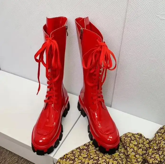 As Pic Botas Mujer; сапоги из лакированной кожи; женская обувь для подиума; Bota Feminina; обувь на платформе; женские сапоги до середины икры; Botines Mujer; коллекция года; Zapatos De Mujer - Цвет: As Pic