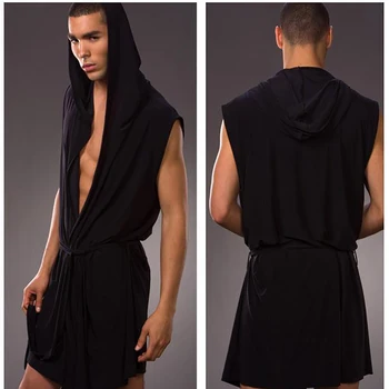 

Men's Nightgown Sexy Ice Silk Summer Autumn Slim Hooded Sleeveless Nightgown Male Robes Sleepwear