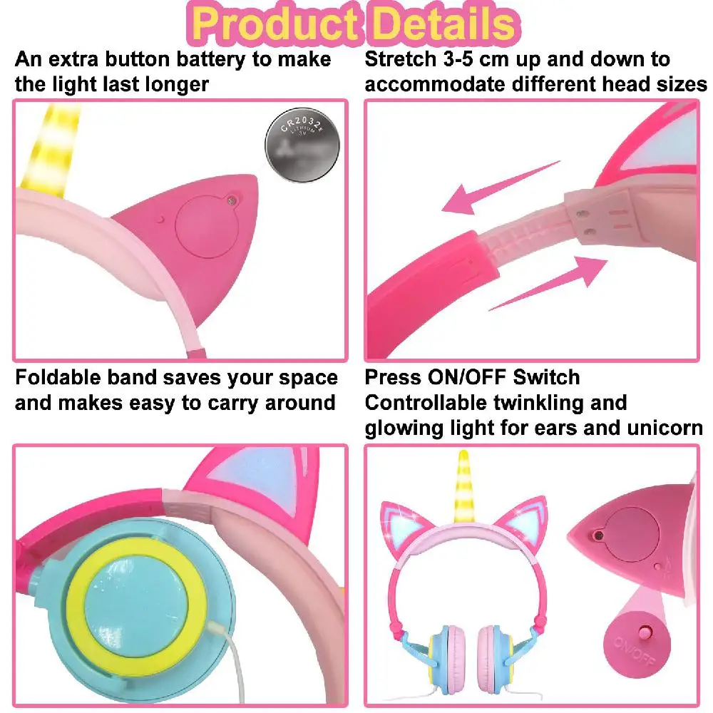 Cute Kids Cat Ear Headphones Wired Adjustable for Boys Girls Tablet Kids Headband Earphone Foldable Over On Ear Game Headset