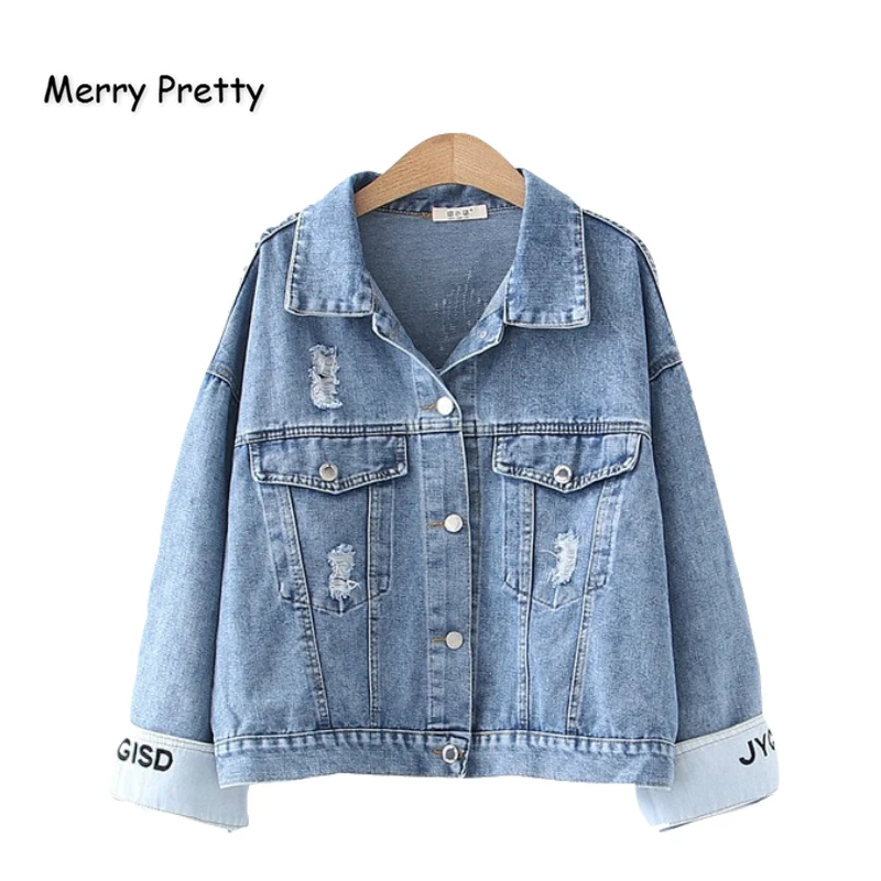 

MERRY PRETTY Women Letter Embroidery Denim Jackets 2019 Winter Long Sleeve Turndown Collar Jean Jacket Single Breasted Jackets