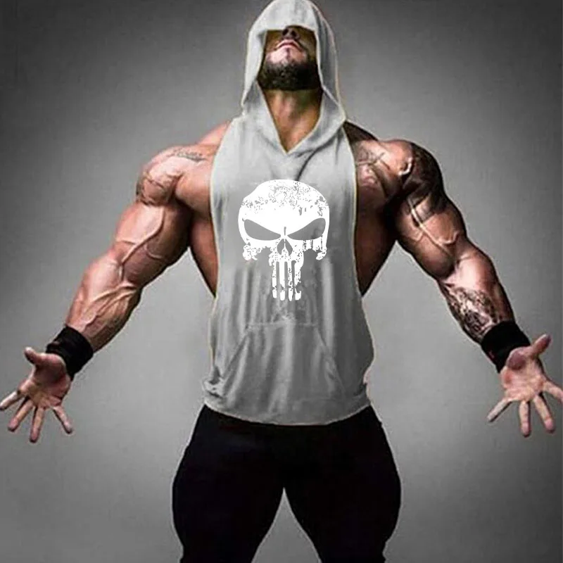 Skull Printing Bodybuilding Hooded Tank Tops men Gyms Stringer Shirt Fitness Tank Top Men Gyms Clothing Cotton Vest Shipping