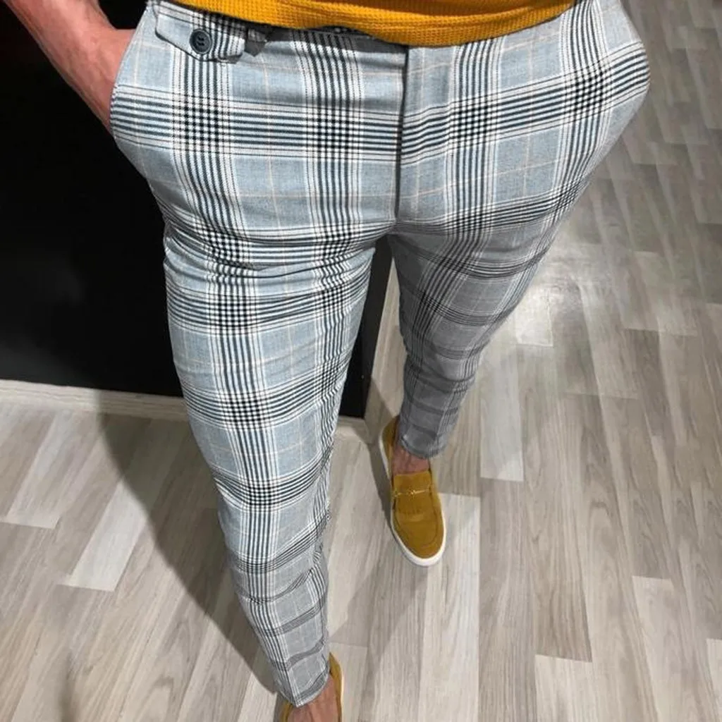 Plaid Print Drawstring Elastic Waist Long Pencil Pants Men Smart Business Slim Fit Trouser Pantalons de mode pour hommes#20