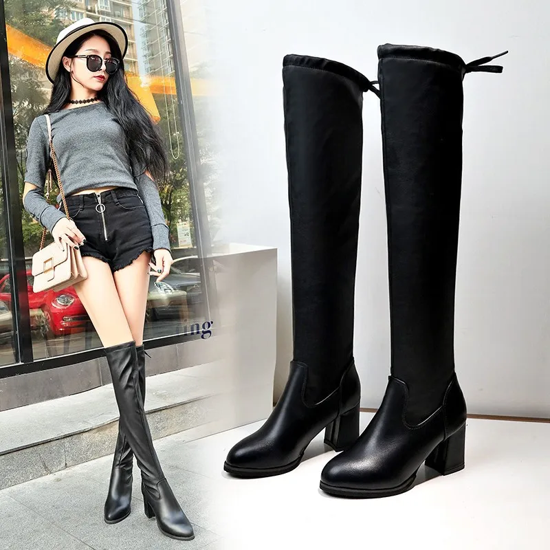 

New Style High Heel Shoes Women's 2019 over-the-Knee Network Red Black Slimming Chunky-Heel Thigh Boot Thin Cashmere Rubber Soli