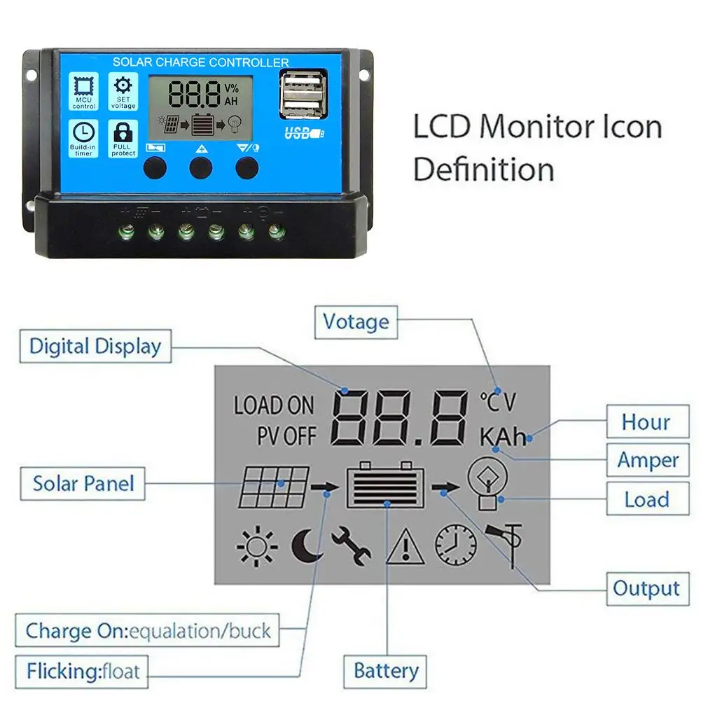 60A/50A/40A/30A/20A/10A 12V 24V Авто за максимальной точкой мощности, Солнечный контроллер заряда ШИМ-контроллеры ЖК-дисплей Dual USB 5V Выход обжимной инструмент для солнечной панели РЕГУЛЯТОР