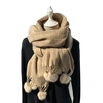 

Camel Plaid Rabbit Fur Pompoms Scarf Women Classic Tassel Winter Scarves For Women Stole Warm Ladies Shawl Wrap Foulard Femme