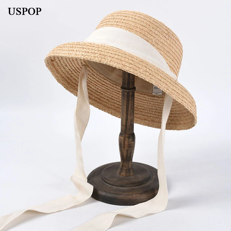 

USPOP New French style lace-up raffia straw sun hats women vintage summer straw hats female wide brim bell shpaed beach hats