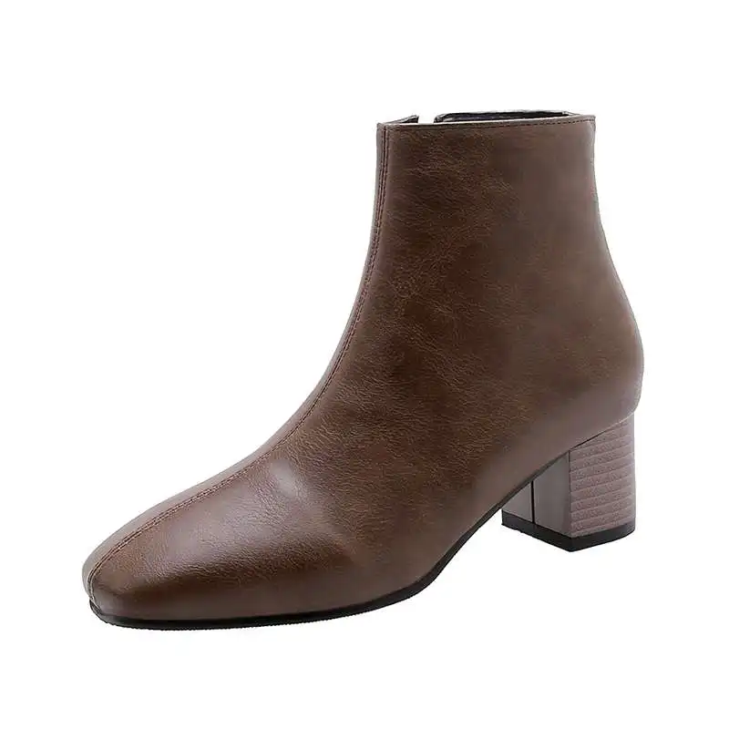 SIMLOVEYO/осенние полусапожки в стиле ретро повседневная обувь на квадратном каблуке с квадратным носком однотонные ботильоны на молнии сбоку; большие размеры 30-51; botas - Цвет: Brown