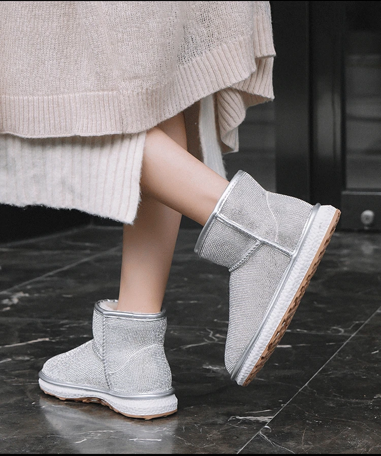LORFRCIN Winter Boots Bling Crystals Ankle Boots Rhinestones Women Fur shoes Fashion Handmade Warm Snow Boots Woman