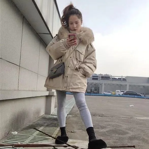 Короткий пуховик женское платье Южная Корея Dongdaemun с капюшоном большой меховой воротник свободный крой шнурок толстое теплое пальто зима