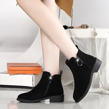 

New Autumn And Winter Cow Suede Leather Martin Boots Black High Heeled Round Toe Side Zipper Short Boots Women Shoes X0113