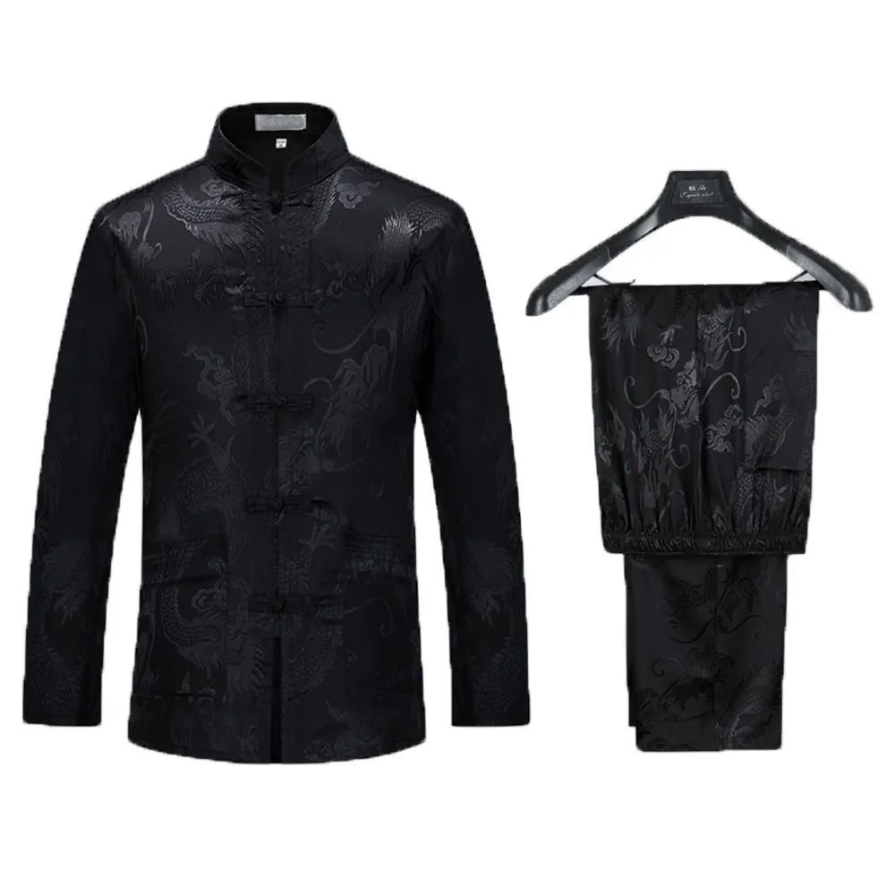 Тан костюм Мужская Hanfu Китайская традиционная одежда Кунг Фу рубашка Униформа пальто с длинными рукавами топы и брюки - Цвет: Черный