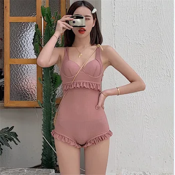 

One Piece Bikini Swimsuit Push Up Swimsuits Trikinis Swimwear Shiny Sexy Female Falbala Korean Ins Swim Polyester Solid