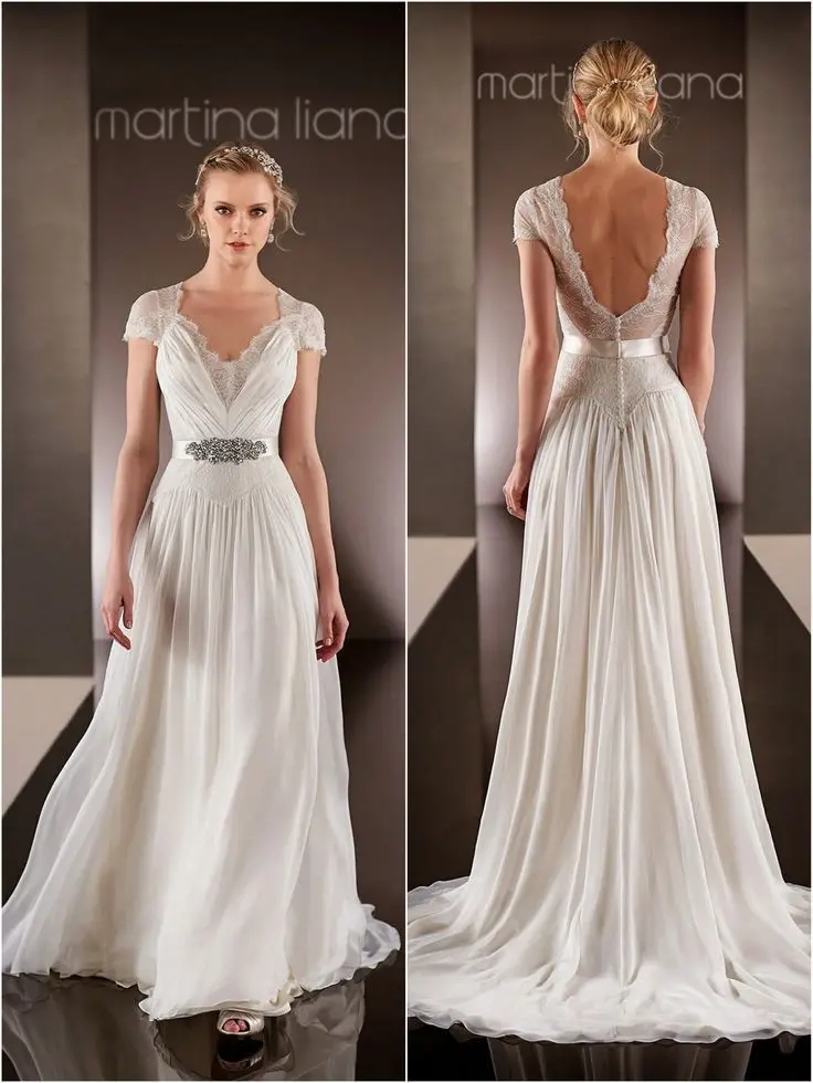 

Romantic Summer Style Beach Wedding Dress 2016 Lace V Neck Short Sleeve Backless Vestido De Noiva Sashes Chiffon Bridal Gowns