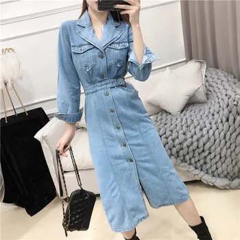 

Fashion Elegant Sheath Denim Dress Women 2020 Spring Single-breasted Split Dress High Waist Tea Dresses Casual Midi Length Dress