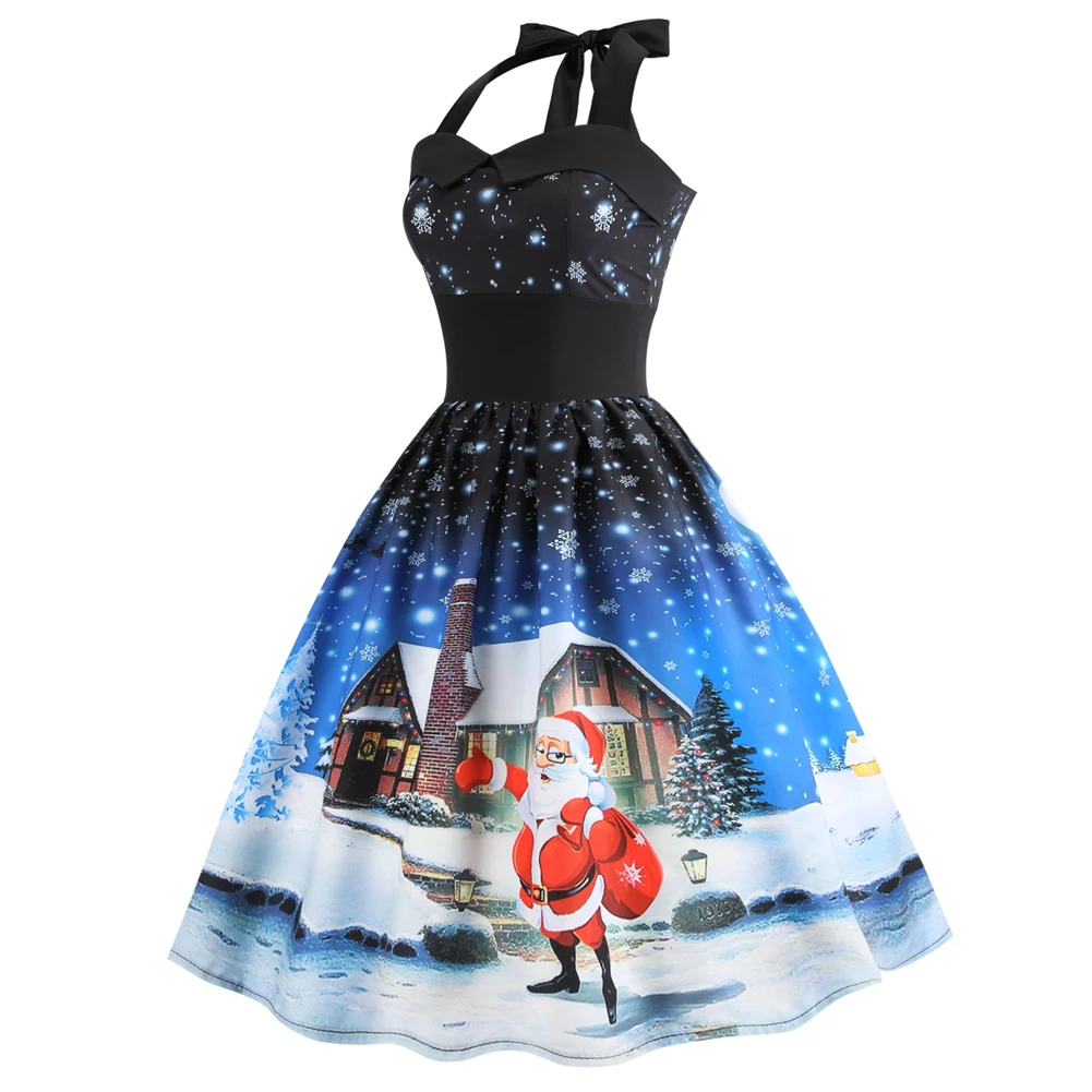 

2019 Christmas Print Vintage Hepburn Wind Halter Dress Sleeveless Stitching Dress
