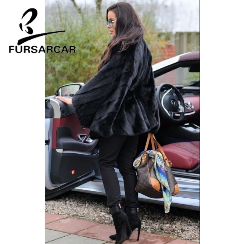 FURSARCAR природный натуральный мех пальто Женская цельная модная норка шуба Черная Стильная роскошная женская Норковая Шуба с рукавами «летучая мышь»