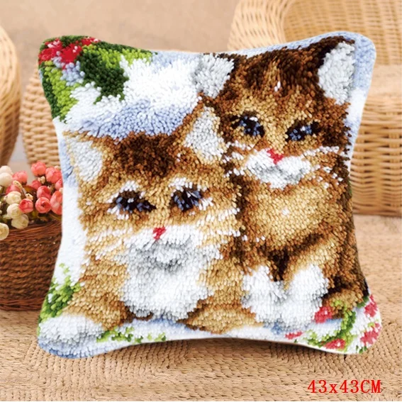 Three Cats Latch Hook Pillow Smyrna For Flowers Carpet Embroidery Cushion Button Package Latch Hook Kits Do-It-Yourself Carpets
