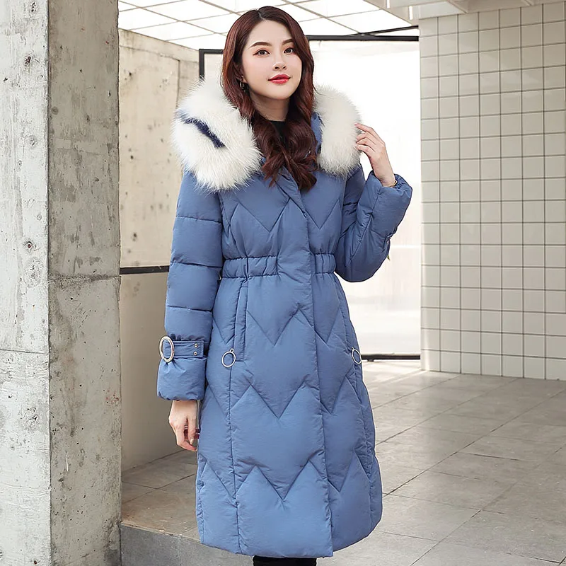 Синий X-long parkas зимняя женская куртка-25 градусов тонкий толстый теплый зимний большой меховой воротник с капюшоном куртка пальто парки верхняя одежда куртка - Цвет: Синий