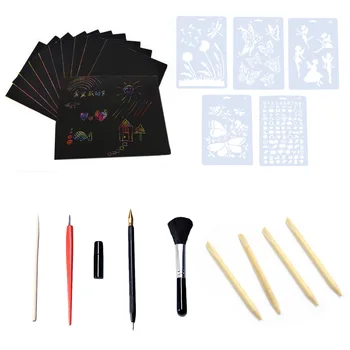 

54PCS Rainbow DIY Magic Scraping Painting Papers Scratch Drawing Sticks Scraping Art Drawing Templates Stencil Tools Toy