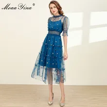 MoaaYina Fashion Designer dress Spring Summer Women's Dress Puff sleeve Mesh Pmbroidery Party Elegant Blue Dresses