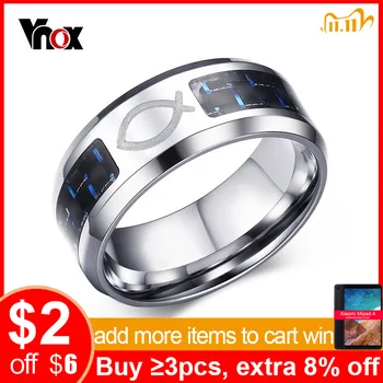 

Vnox Drop Shipping 8MM Stainless Steel Jesus Christian Fish Rings for Men Women Religious Faith Ring with Blue Carbon Fiber