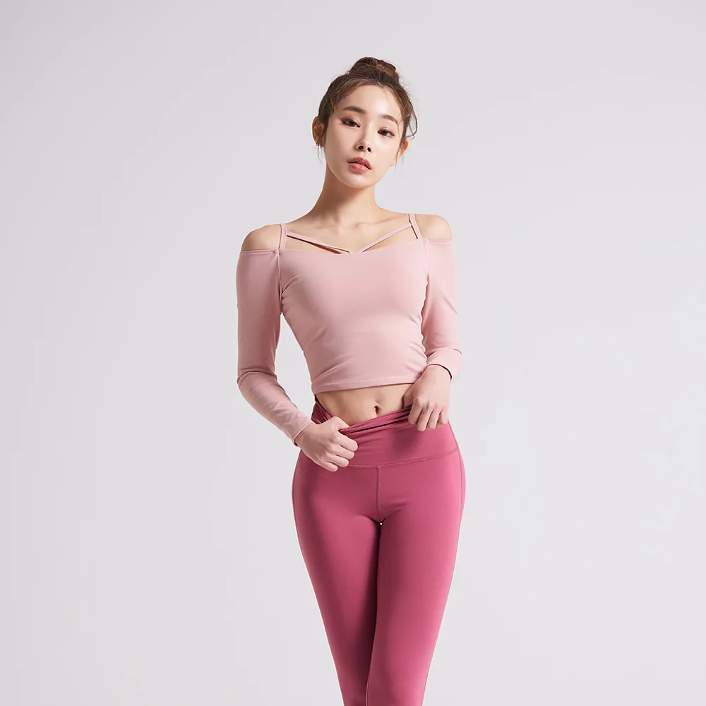

2019 Spring New Style Yoga Long-sleeved T-shirt Korean-style Female Sports Fitness Tops Sexy Camisole with Chest Pad Yoga Suit