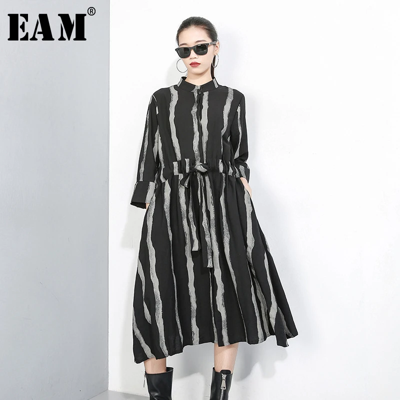 

[EAM] Women Drawstring Striped Hit Color Dress New Lapel Neck Three-quarter Sleeve Loose Fit Fashion Spring Autumn 2019 1D072