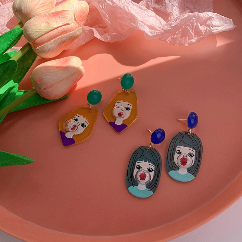 2021 Korean Fashion Geometric Funny Blowing Bubble Temperament Drop Earrings For Women Acrylic Cute Girls Trip Jewelry Gifts