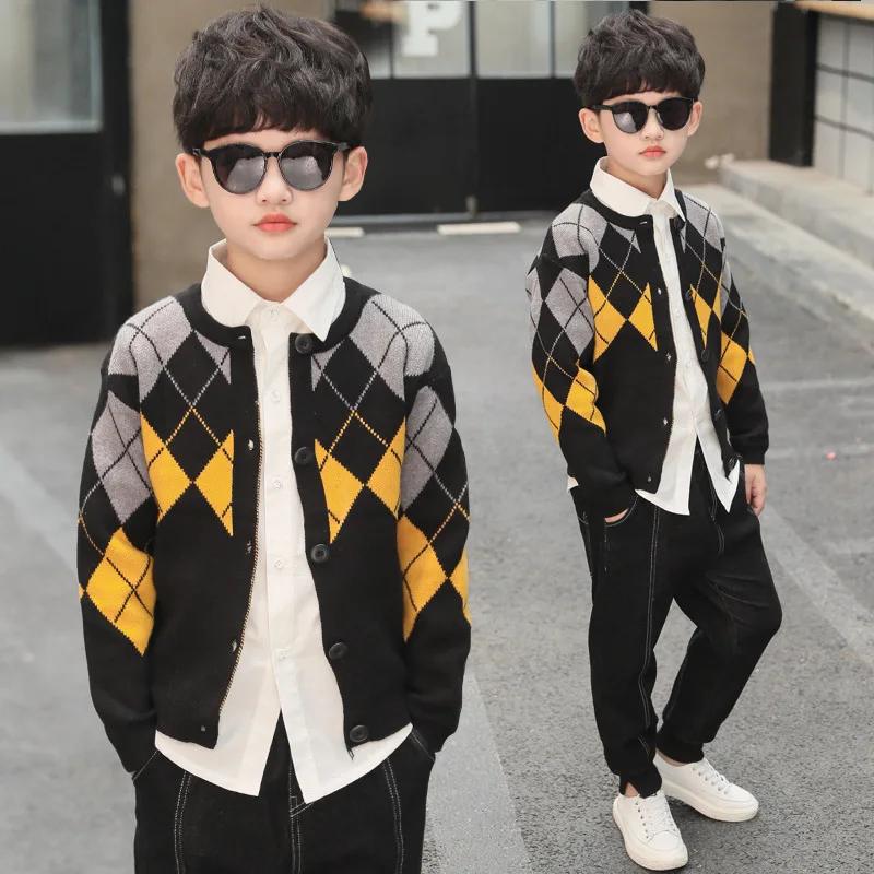 

Knit Plaid Patchwork Coats & Jackets For Teenage Boys Autumn Tops Clothing 2019 Winter Long Sleeve Knit Tops Children Sweaters