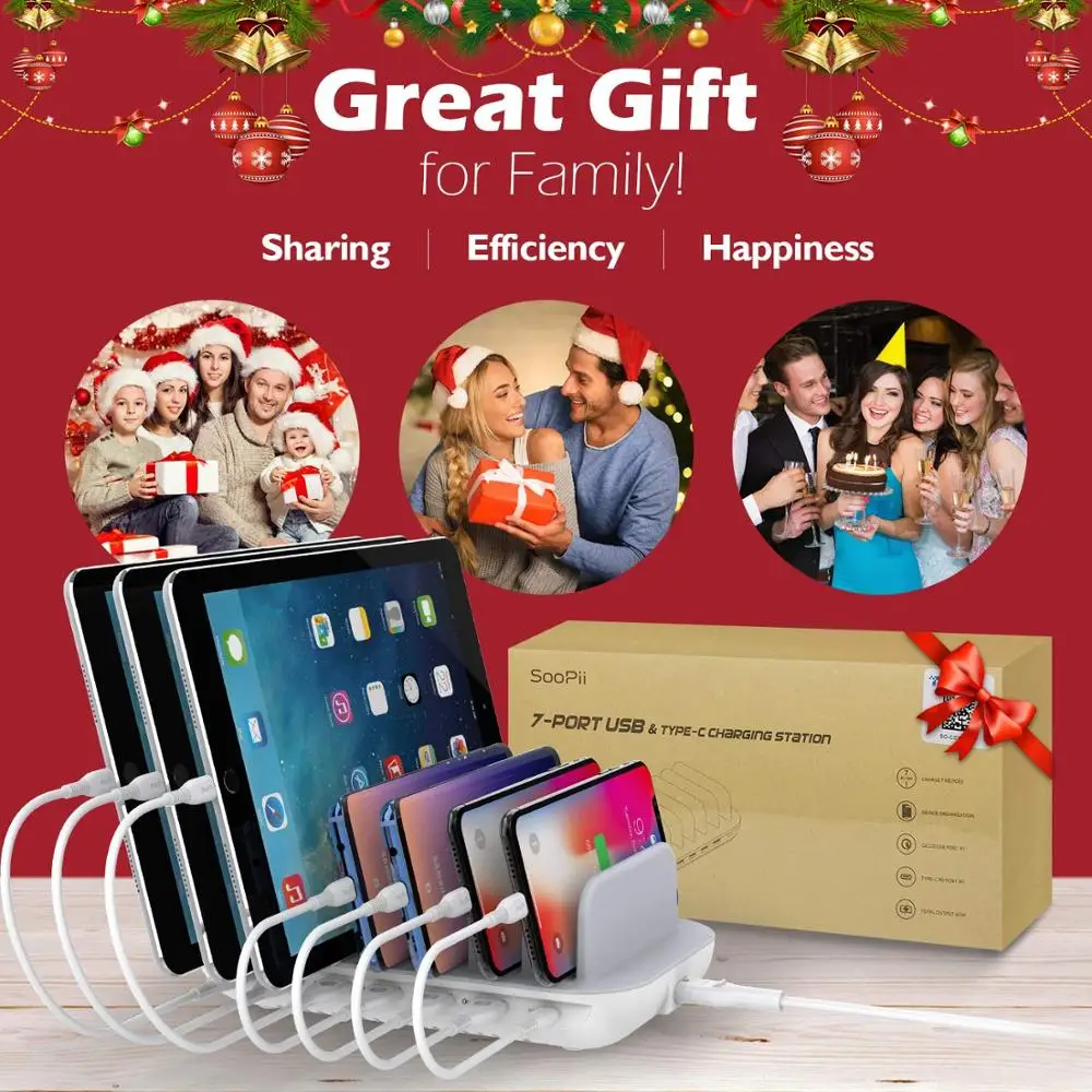 SooPii 7 портов зарядная станция, 18 Вт мощность доставки 3,0 и Quick Charge 3,0 для Iphone и Android устройств 7 смешанных кабелей в комплекте