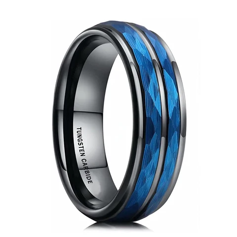 Mens Blue Hammered Tungsten Carbide Ring With Polished Stepped Edges Multi-Faceted Men Engagement Ring Anniversary Gifts