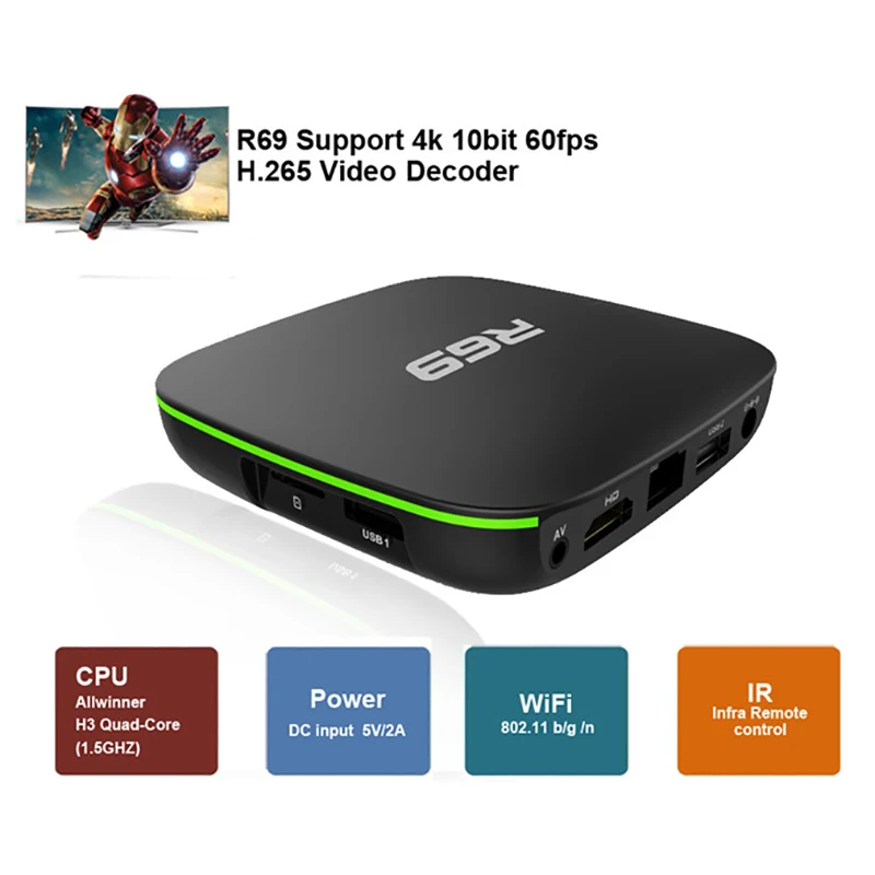 R69 Smart Android 7.1 Tv Box 2.4G Wifi H3 Quad-Core Set Top Box 1080P Hd 3D Movie Media Player Eu Plug 1Gb 8Gb