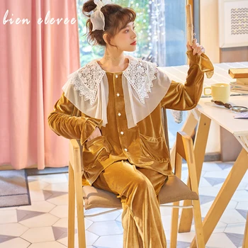 

Autumn Winter Women Pajamas Sets Vintage Lace Sleepwear for Ladies Velvet Sexy Homewear Pijama Pyjamas Set Princess Style Fairy
