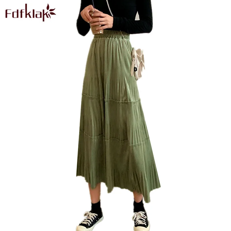 Fdfklak, весенне-осенние юбки, женские, сетчатые, красные, Hong Kong flavor, шикарные, модные, плиссированные, высокая талия, трапециевидная, длинная юбка для женщин, faldas