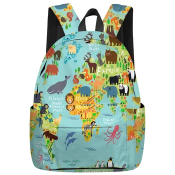 

Animal Map World Cartoon Backpack College Students Laptop Backpack Book Bag Casual School Bag