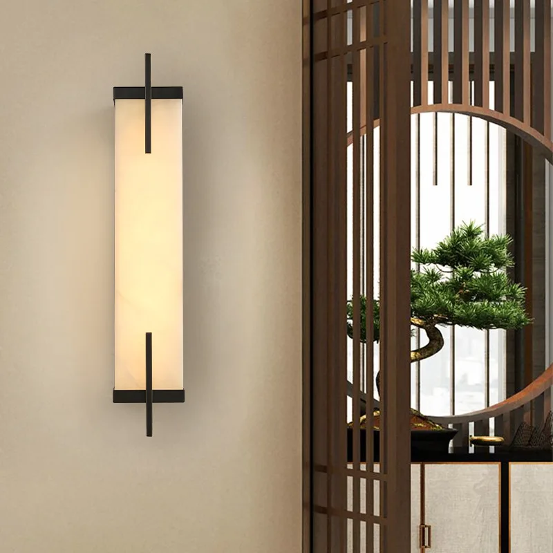 

Современная настенная лампа в китайском стиле, медный настенный светильник из натурального мрамора, освещение для спальни, прикроватного столика, лестницы, коридора