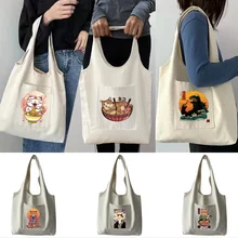 Women‘s Shopper Shopping Bags Female Canvas Bag Commuter Student Bag Come To The Bowl Japan Cat Pattern Pure Cotton Tote Bag