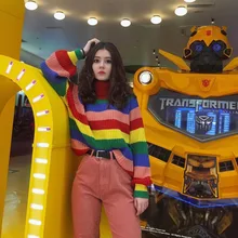 

Women's Rainbow Sweater Turtleneck Colorful Striped Long Sleeve Pullover Tops Autumn 2020 Chic Casual Loose Streetwear Sweaters